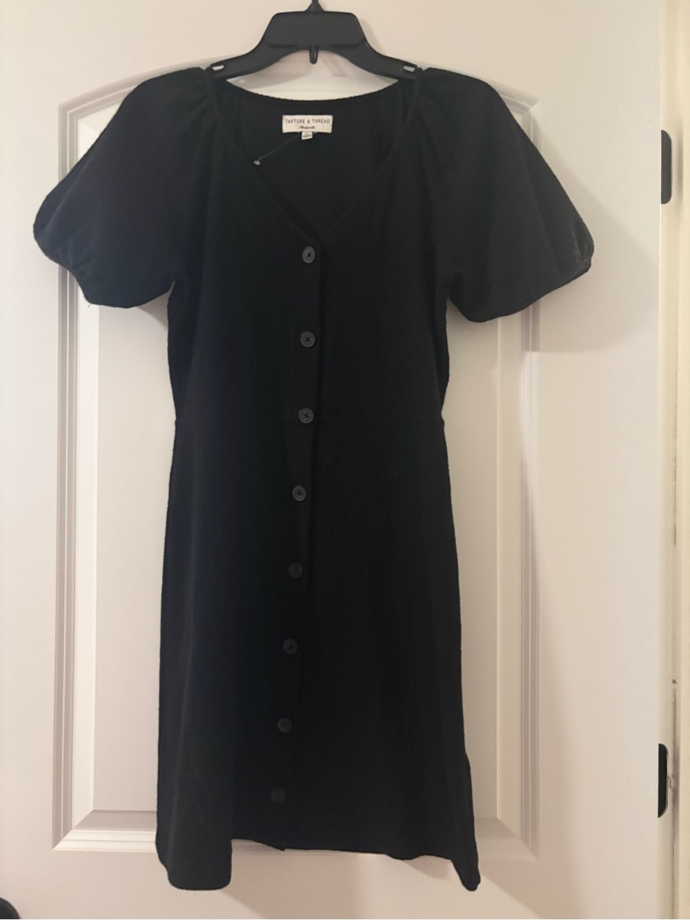 Madewell Black Button-Front Midi Dress with Puff Sleeves